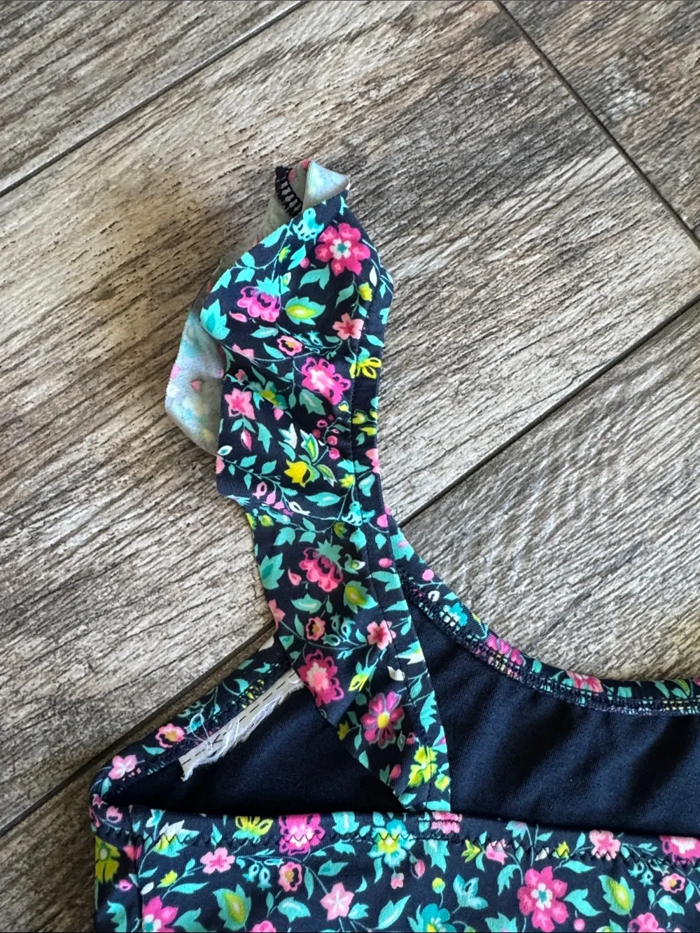 GAP Girls Black Floral Two-Piece Swim Set with Pink & Green Flowers